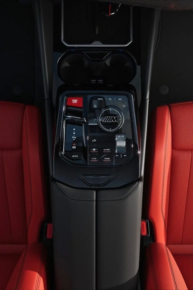 BMW M interior center console and red leather seats