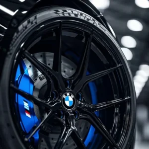 Black BMW performance wheel with blue M brake caliper