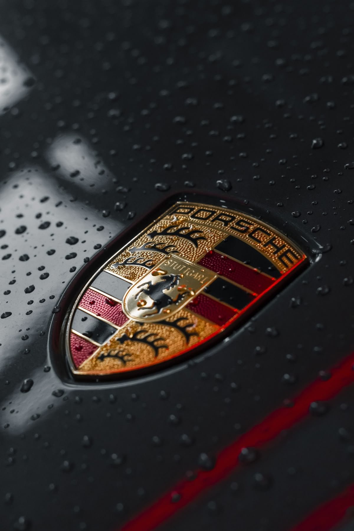 Porsche crest on a rain-covered black hood