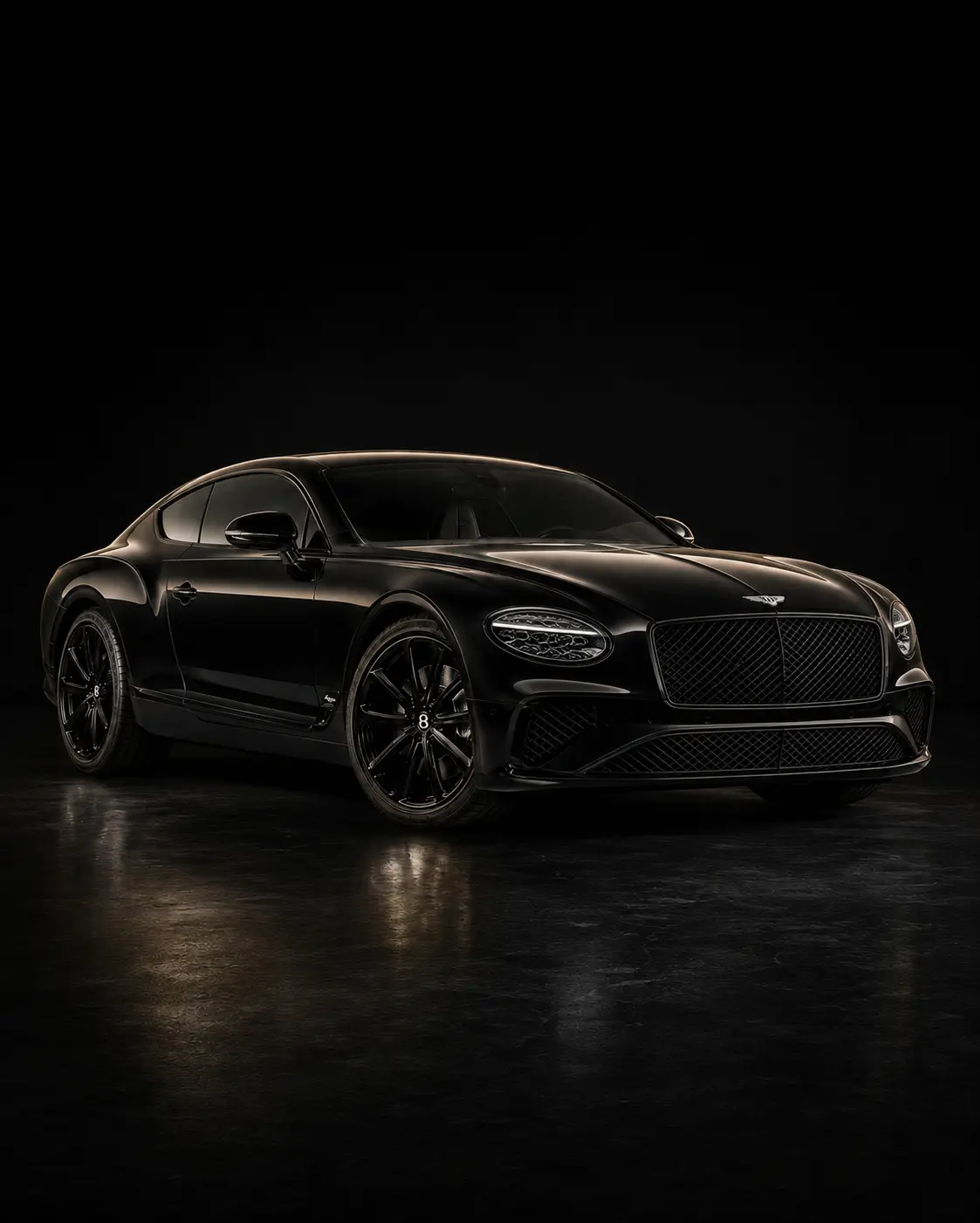 Black Bentley Continental GT without a license plate